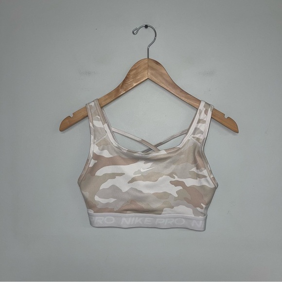 Nike Pro Sports Bra Women's Size Small White Tan Camo Print Scoop Neck Mesh Back - Picture 2 of 11